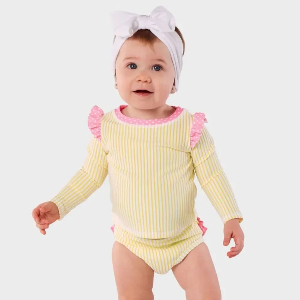 RuffleButts Baby Girls' Seersucker Long Sleeve 2pc Rash Guard Set - Yellow 18M